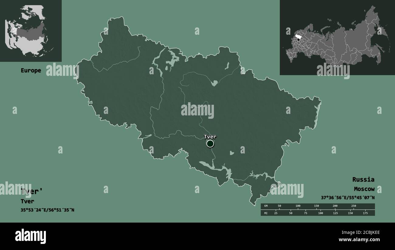 Form von Twer', Region von Russland, und seine Hauptstadt. Entfernungsskala, Vorschauen und Beschriftungen. Farbige Höhenkarte. 3D-Rendering Stockfoto