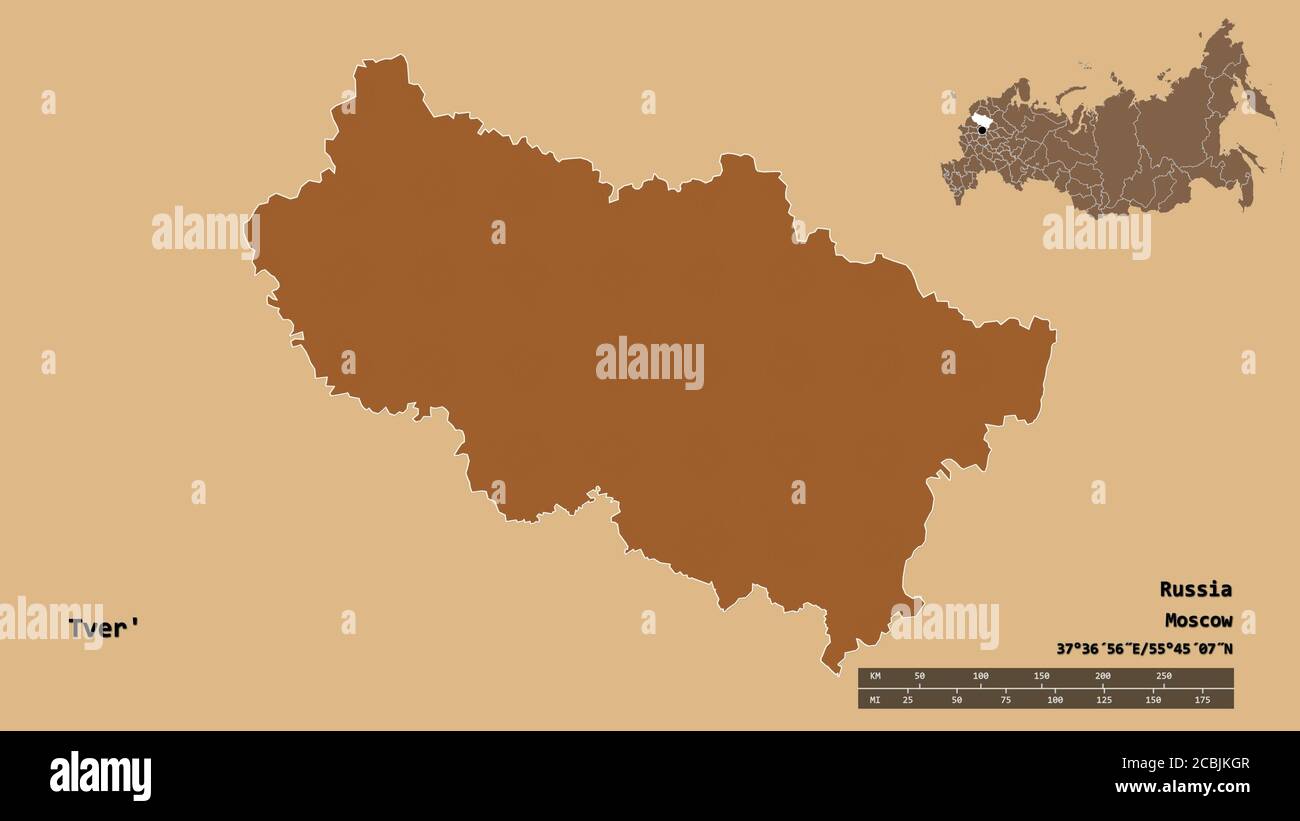 Form von Twer', Region von Russland, mit seiner Hauptstadt auf festem Hintergrund isoliert. Entfernungsskala, Regionenvorschau und Beschriftungen. Zusammensetzung der regelmäßig p Stockfoto