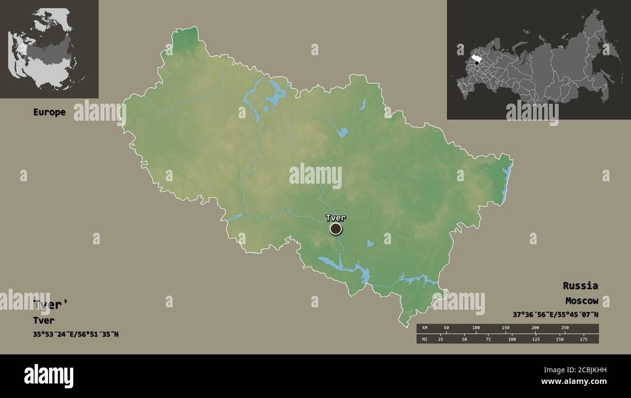 Form von Twer', Region von Russland, und seine Hauptstadt. Entfernungsskala, Vorschauen und Beschriftungen. Topografische Reliefkarte. 3D-Rendering Stockfoto