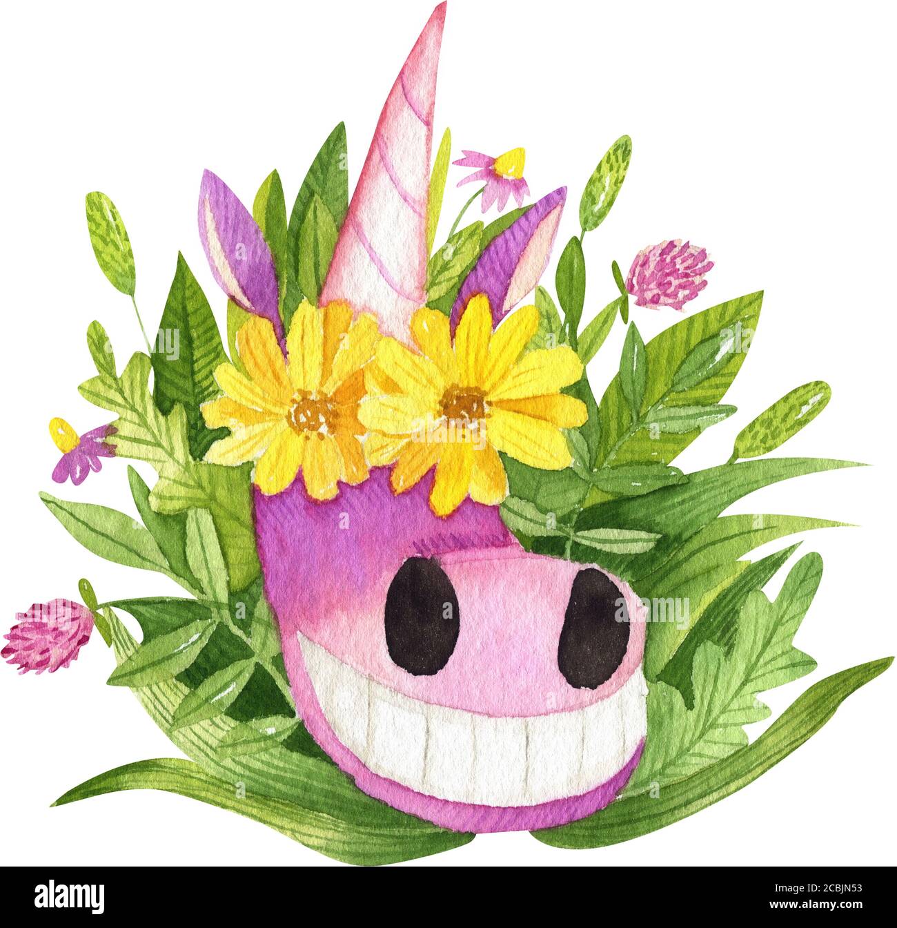 Ein fröhliches, lächelndes rosafarbenes Einhorn guckt aus grünem Gras und Blumen. Happy Märchen Kind Charakter. Stockfoto