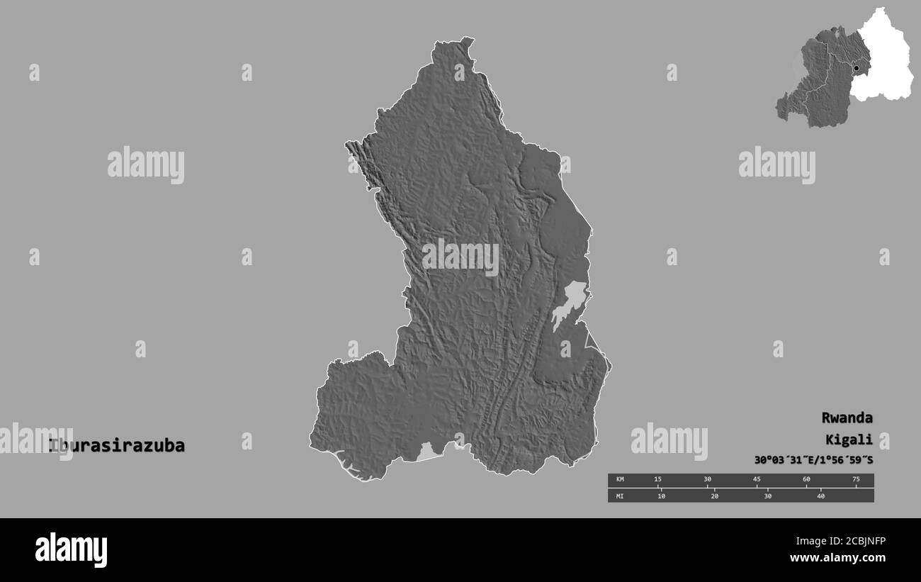 Form von Iburasirazuba, Provinz Ruanda, mit seiner Hauptstadt auf festem Hintergrund isoliert. Entfernungsskala, Regionenvorschau und Beschriftungen. Bilevel Elevatio Stockfoto