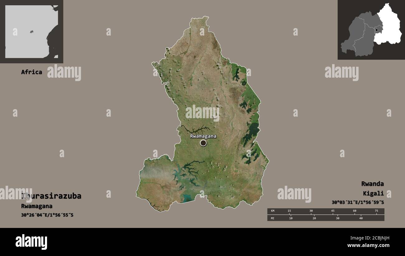 Form von Iburasirazuba, Provinz Ruanda, und seine Hauptstadt. Entfernungsskala, Vorschauen und Beschriftungen. Satellitenbilder. 3D-Rendering Stockfoto