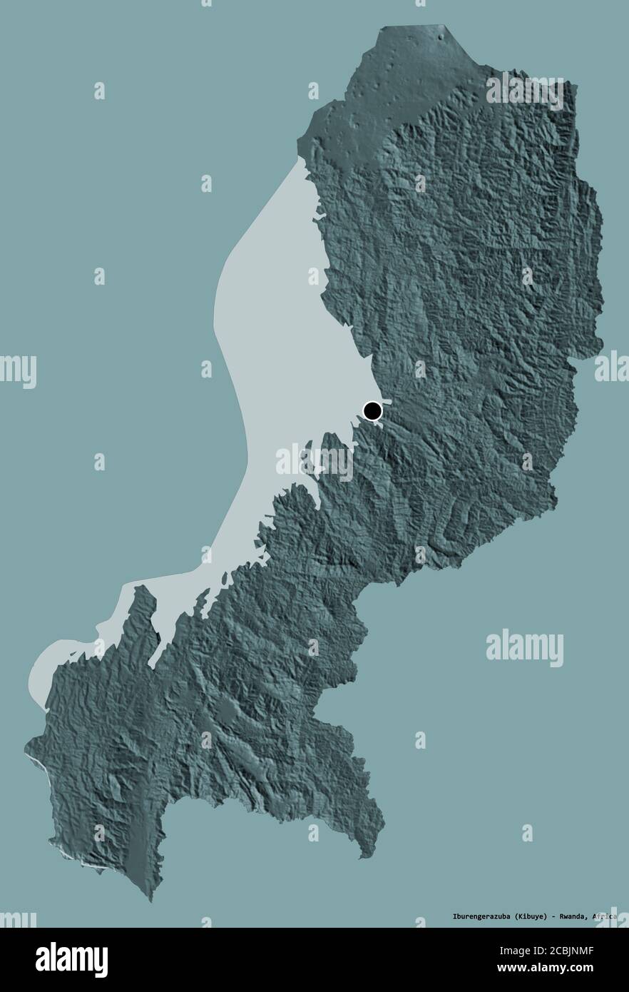 Form von Iburengerazuba, Provinz Ruanda, mit seiner Hauptstadt isoliert auf einem einfarbigen Hintergrund. Farbige Höhenkarte. 3D-Rendering Stockfoto