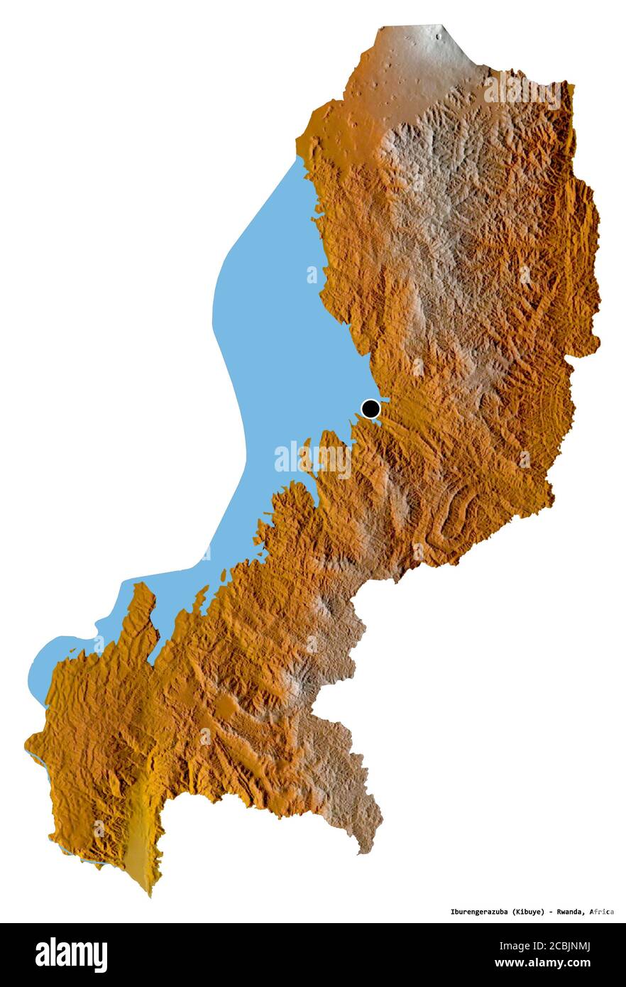 Form von Iburengerazuba, Provinz Ruanda, mit seiner Hauptstadt isoliert auf weißem Hintergrund. Topografische Reliefkarte. 3D-Rendering Stockfoto