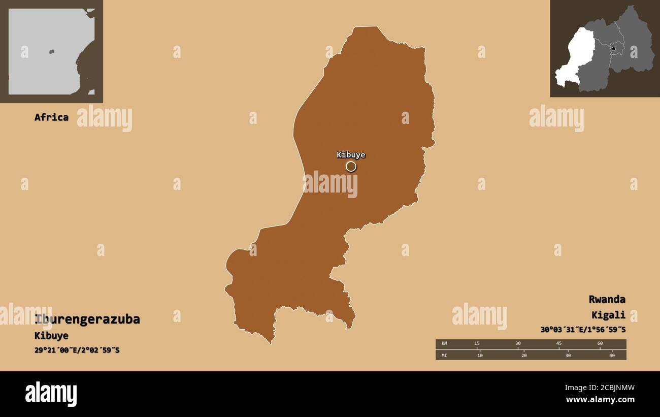 Form von Iburengerazuba, Provinz Ruanda, und seine Hauptstadt. Entfernungsskala, Vorschauen und Beschriftungen. Komposition von regelmäßig gemusterten Texturen. 3D ren Stockfoto