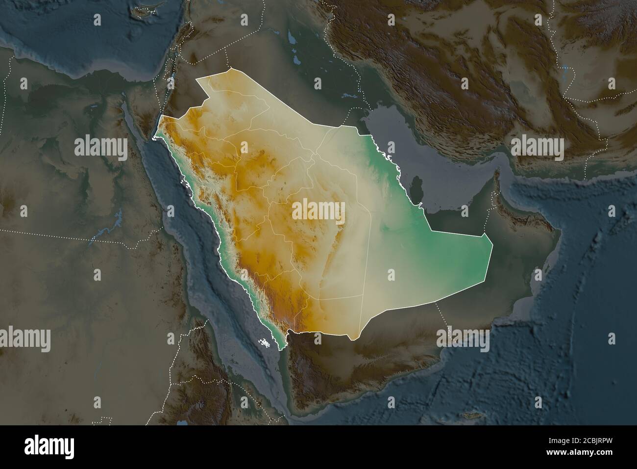 Form von Saudi-Arabien durch die Entsättigung der benachbarten Gebiete getrennt. Rahmen. Topografische Reliefkarte. 3D-Rendering Stockfoto