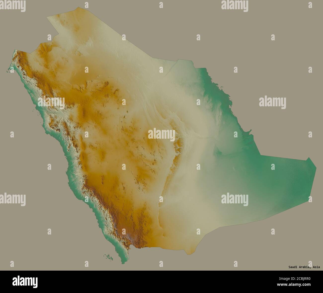 Form von Saudi-Arabien mit seiner Hauptstadt isoliert auf einem einfarbigen Hintergrund. Topografische Reliefkarte. 3D-Rendering Stockfoto