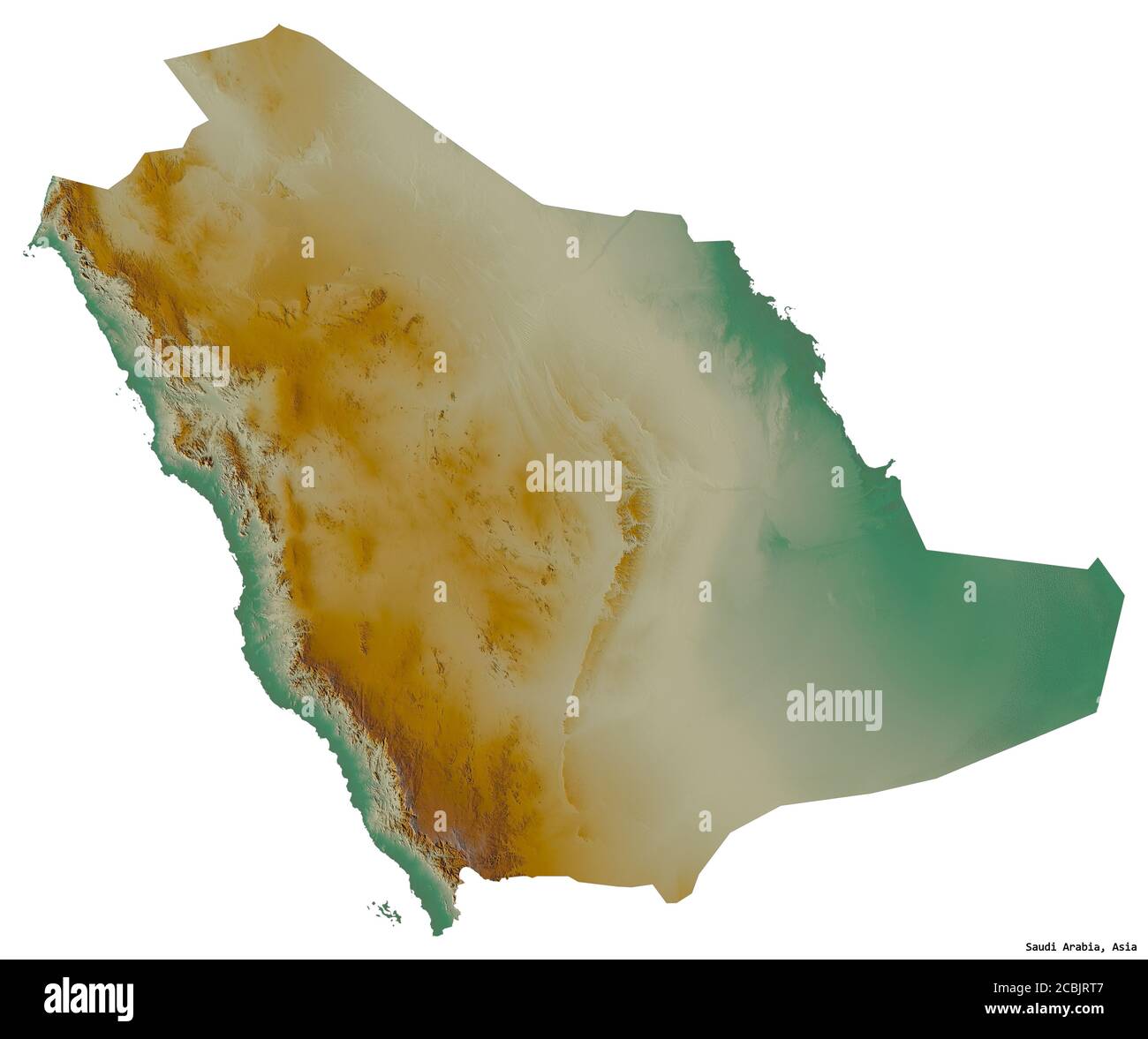 Form von Saudi-Arabien mit seiner Hauptstadt isoliert auf weißem Hintergrund. Topografische Reliefkarte. 3D-Rendering Stockfoto