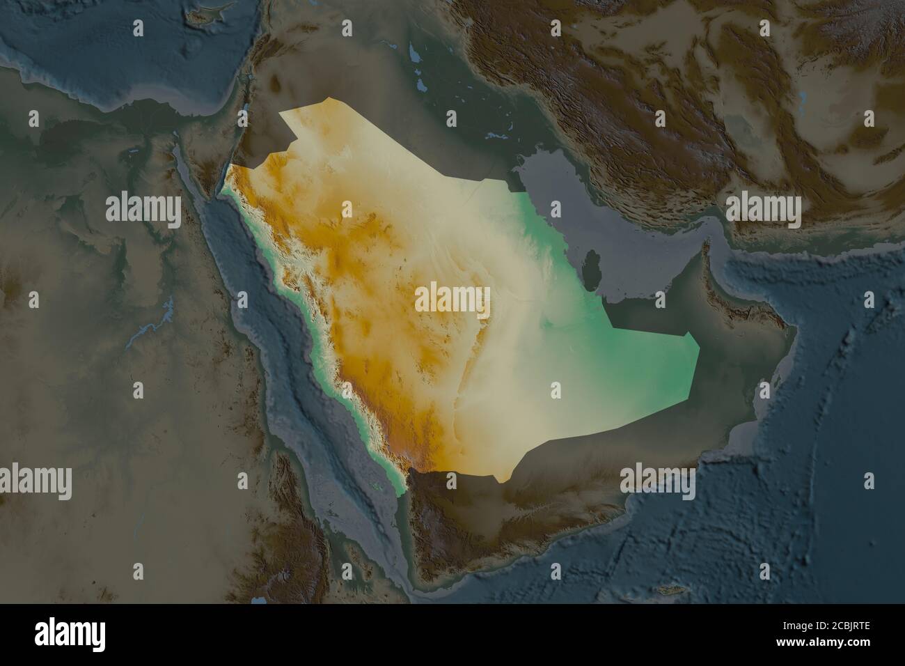 Form von Saudi-Arabien durch die Entsättigung der benachbarten Gebiete getrennt. Topografische Reliefkarte. 3D-Rendering Stockfoto