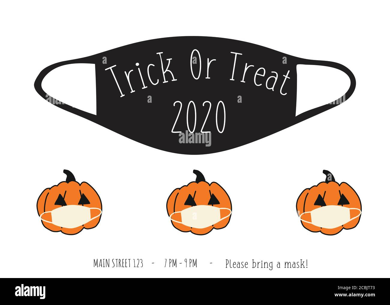 Halloween 2020 Coronavirus Trick or Treat Party Einladung. Postkarte Design Gesichtsmaske und Kürbisse. Vollständig editierbare Vektordarstellung in Schwarzweiß Stock Vektor