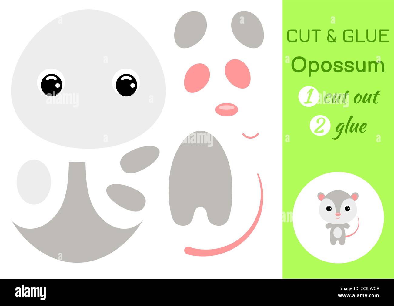 Schneiden und kleben Baby opossum. Arbeitsblatt zur Entwicklung von Schulungen. Farbe Papier Spiel für Kinder im Vorschulalter. Teile des Bildes ausschneiden und auf Papier kleben. Stock Vektor