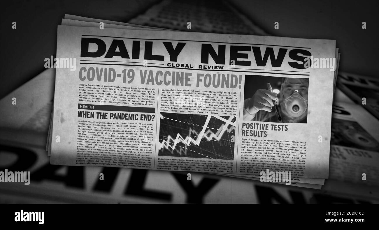 Covid-19 Impfstoff gefunden, Heilung für Coronavirus, Pandemie Ende und Virus Medizin News. Täglicher Zeitungsdruck. Vintage Papier Medien Presse Produktion Abstraa Stockfoto