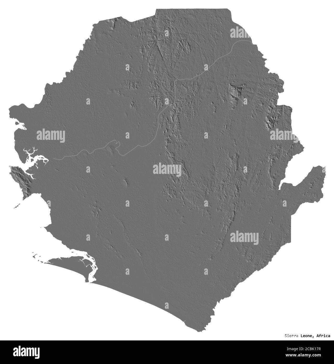 Form von Sierra Leone mit seiner Hauptstadt isoliert auf weißem Hintergrund. Höhenkarte mit zwei Ebenen. 3D-Rendering Stockfoto
