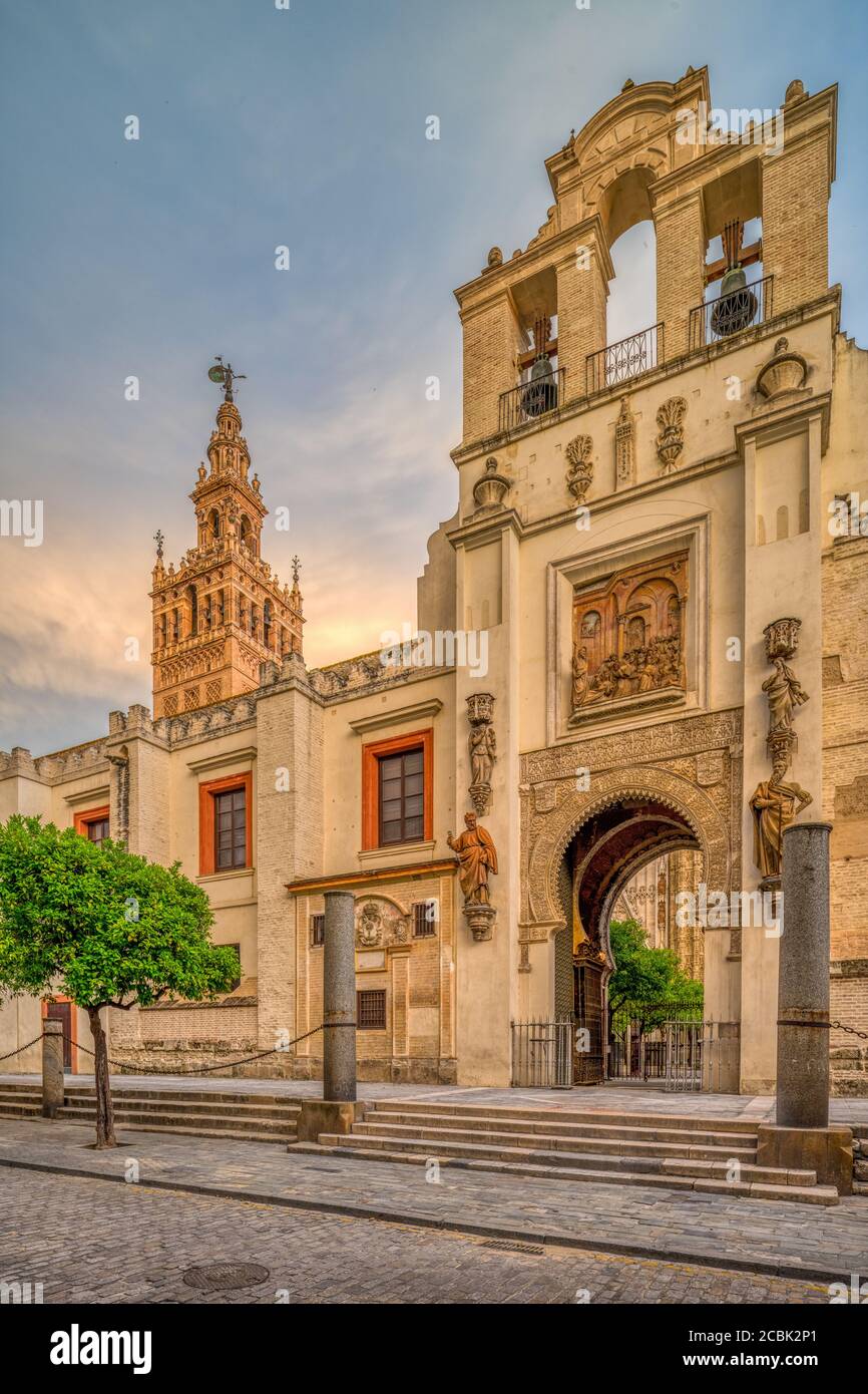 Puerta del Pedon (Tor der Vergebung) mit dem Giralda-Turm im Hintergrund, Sevilla, Spanien Stockfoto