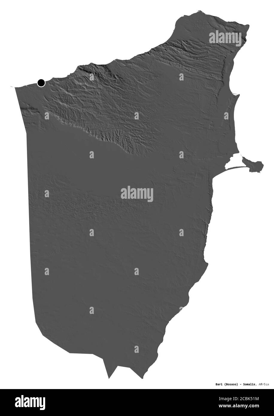 Form von Bari, Region Somalia, mit seiner Hauptstadt isoliert auf weißem Hintergrund. Höhenkarte mit zwei Ebenen. 3D-Rendering Stockfoto