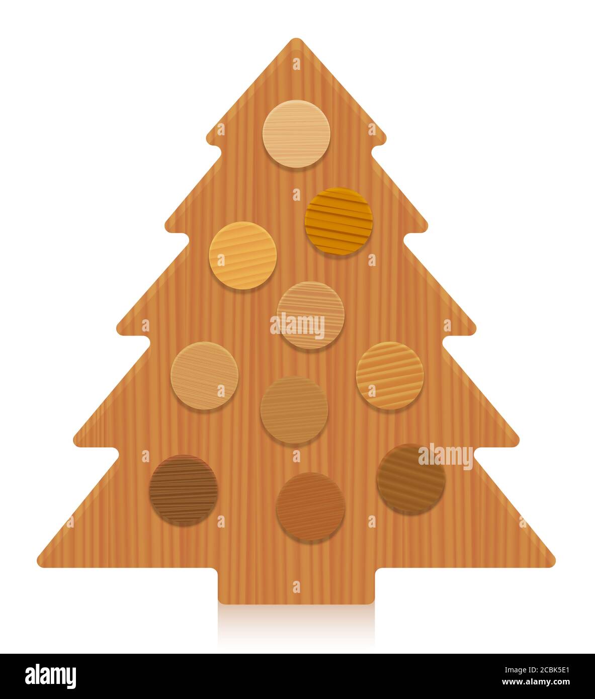 Weihnachtsbaum aus Holz mit Holzmustern als weihnachtskugeln, verschiedenen Farben und Texturen von verschiedenen Bäumen - rustikales Tischlerei Holzdekor Modell. Stockfoto