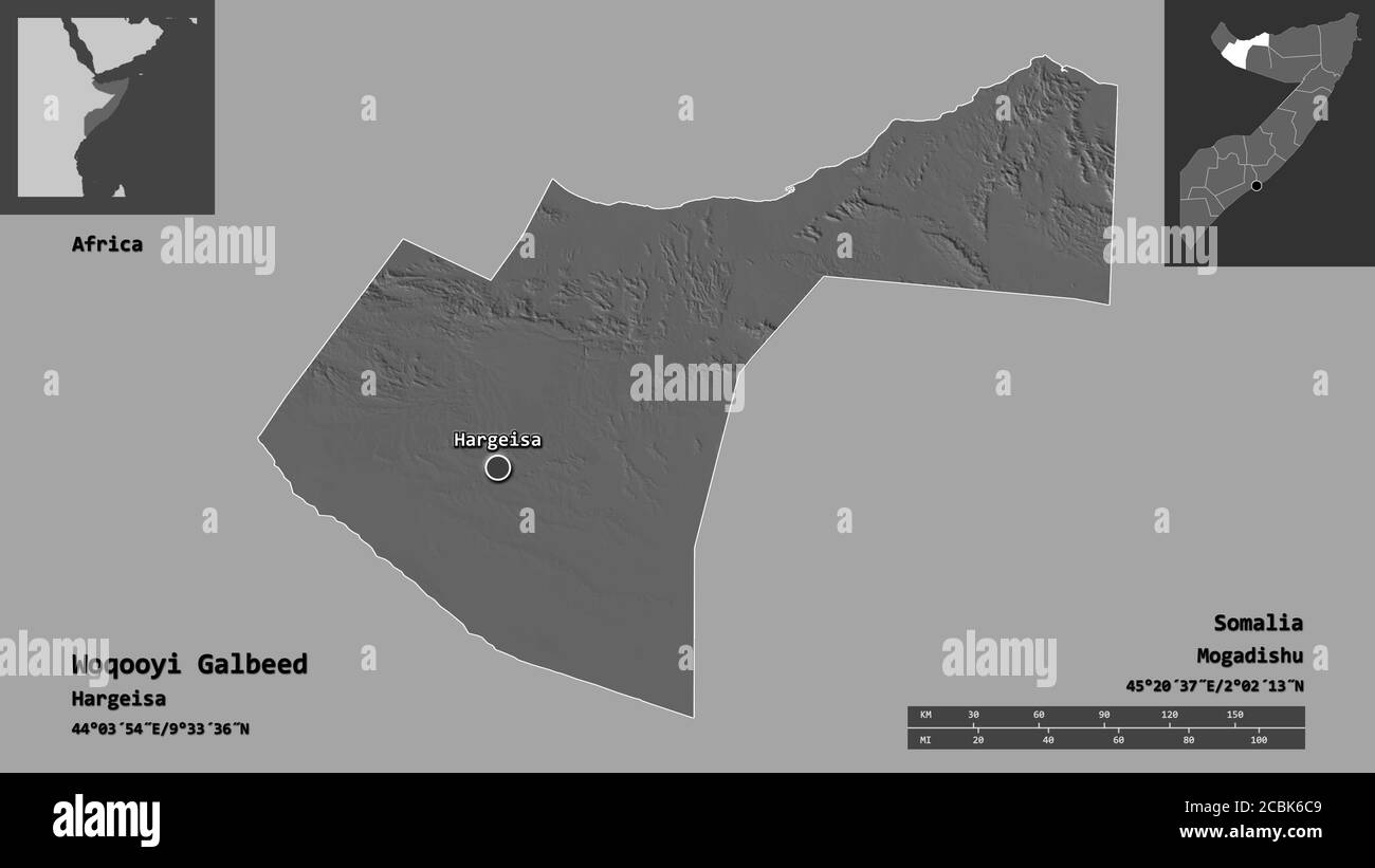 Form von Woqooyi Galbeed, Region Somalia, und seine Hauptstadt. Entfernungsskala, Vorschauen und Beschriftungen. Höhenkarte mit zwei Ebenen. 3D-Rendering Stockfoto