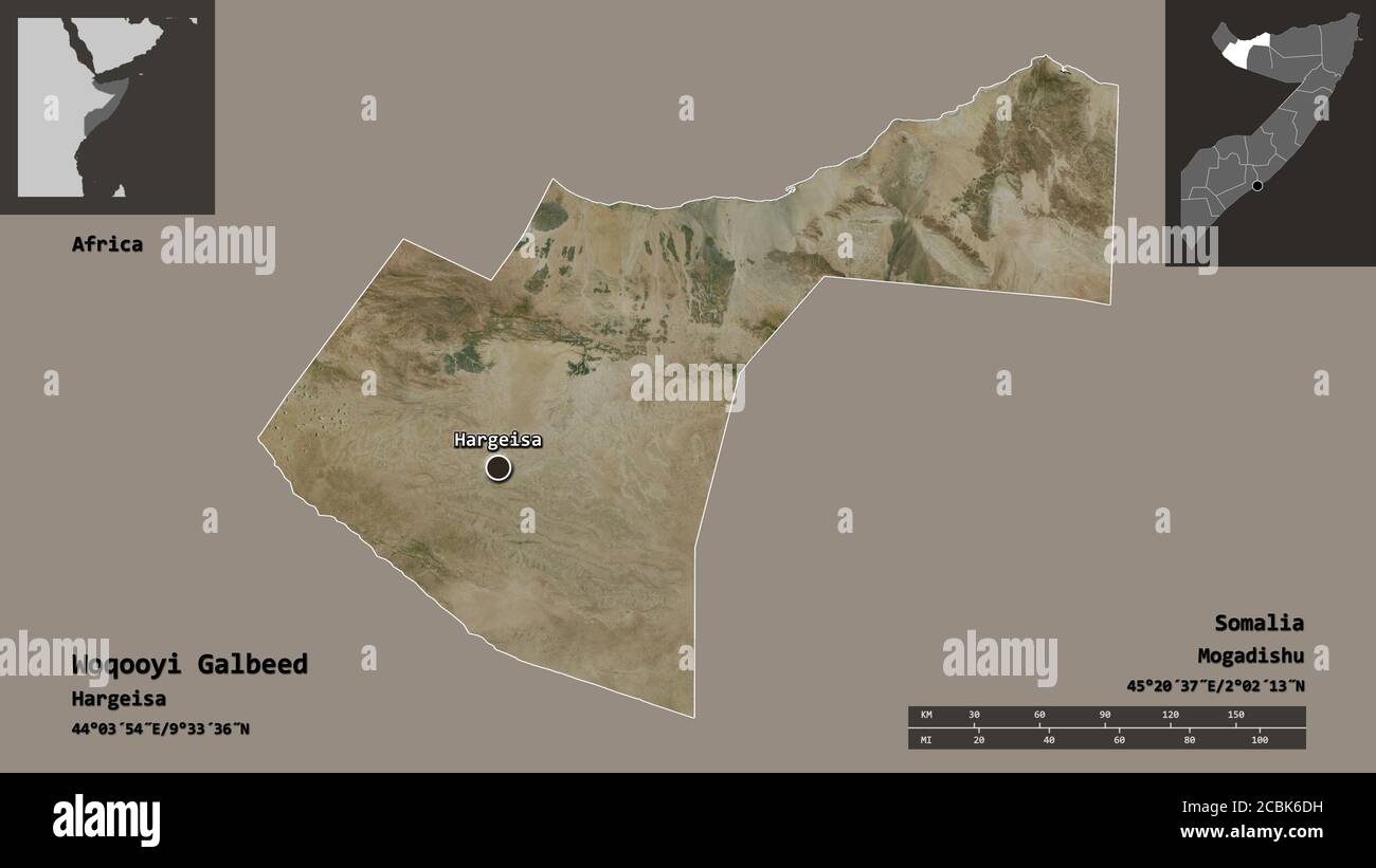 Form von Woqooyi Galbeed, Region Somalia, und seine Hauptstadt. Entfernungsskala, Vorschauen und Beschriftungen. Satellitenbilder. 3D-Rendering Stockfoto