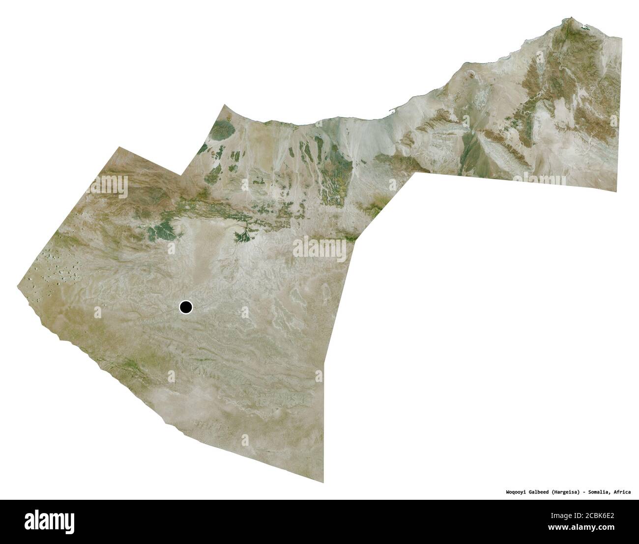 Form von Woqooyi Galbeed, Region Somalia, mit seiner Hauptstadt isoliert auf weißem Hintergrund. Satellitenbilder. 3D-Rendering Stockfoto