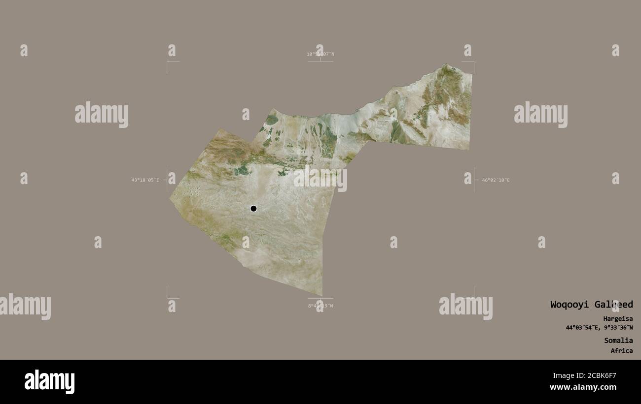 Gebiet von Woqooyi Galbeed, Region Somalia, isoliert auf einem soliden Hintergrund in einem georeferenzierten Begrenzungsrahmen. Beschriftungen. Satellitenbilder. 3D-Rendering Stockfoto