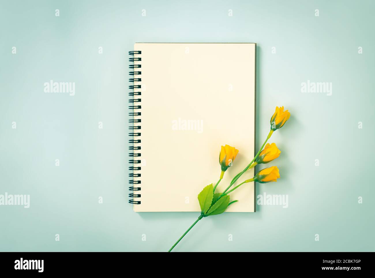 Spiral Notizbuch oder Spring Notizbuch in Unlined Type und 4 Orange Blumen unten rechts auf blauem Pastell minimalistischem Hintergrund. Spiral Notebook Mockup o Stockfoto