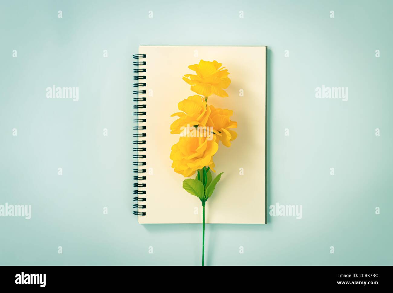 Spiral Notizbuch oder Spring Notizbuch in Unlined Type und Orange Blumen in der Mitte auf Blau Pastell minimalistischen Hintergrund. Spiral Notebook Mockup in der Mitte Stockfoto