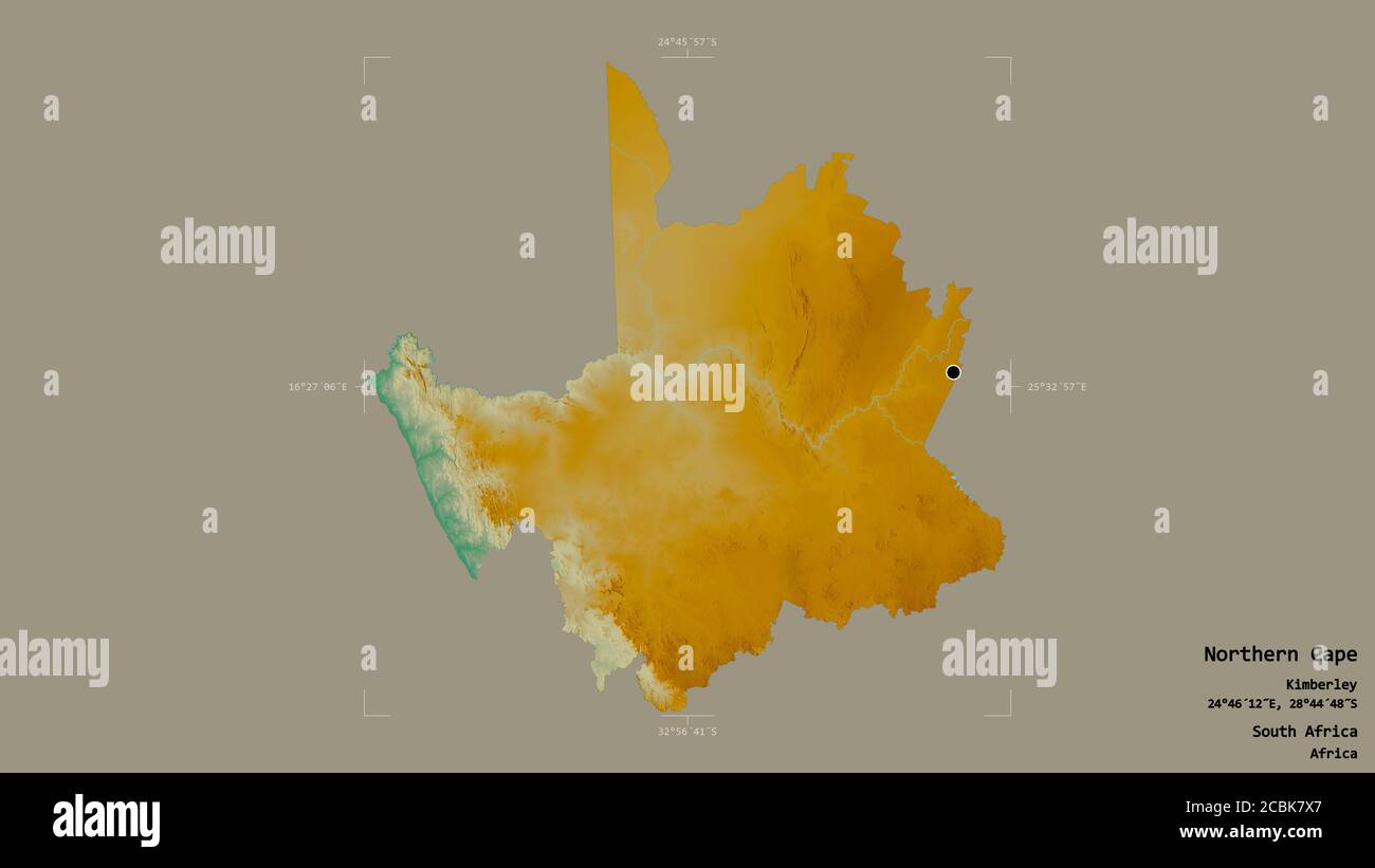 Gebiet von Nordkap, Provinz Südafrika, isoliert auf einem soliden Hintergrund in einem georeferenzierten Begrenzungsrahmen. Beschriftungen. Topografische Reliefkarte. 3D-RE Stockfoto