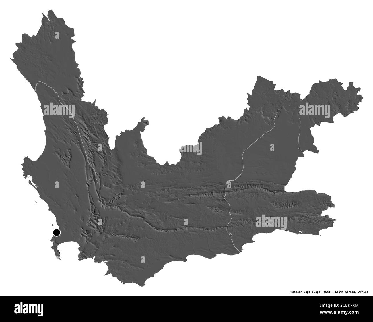 Form von Western Cape, Provinz von Südafrika, mit seiner Hauptstadt isoliert auf weißem Hintergrund. Höhenkarte mit zwei Ebenen. 3D-Rendering Stockfoto