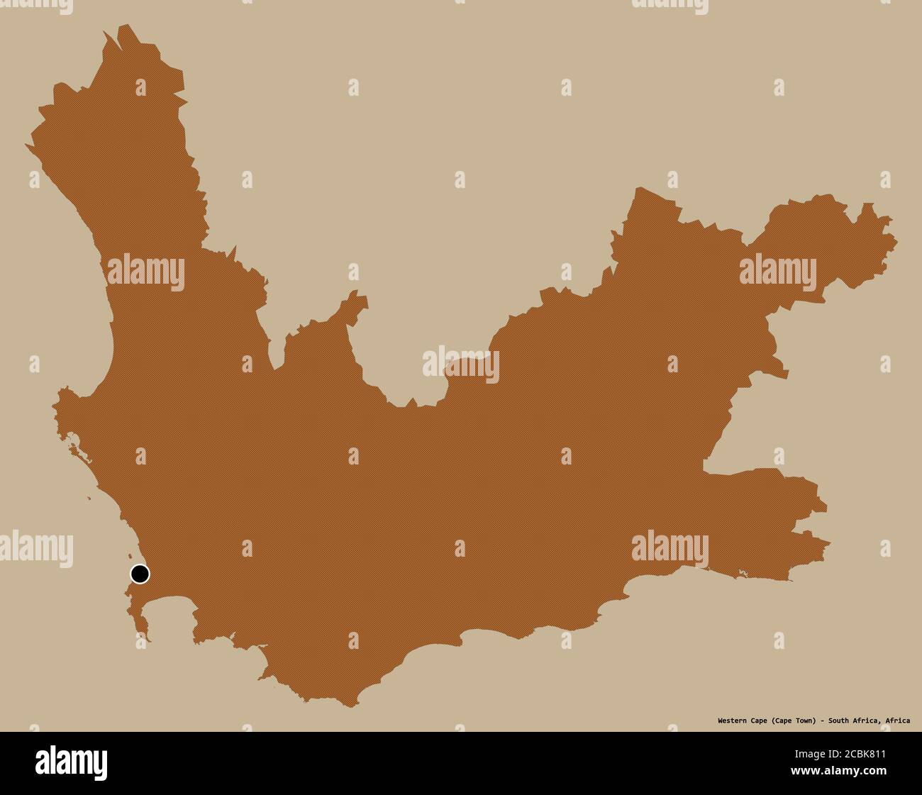 Form von Western Cape, Provinz von Südafrika, mit seiner Hauptstadt isoliert auf einem einfarbigen Hintergrund. Komposition von gemusterten Texturen. 3D-Renderin Stockfoto