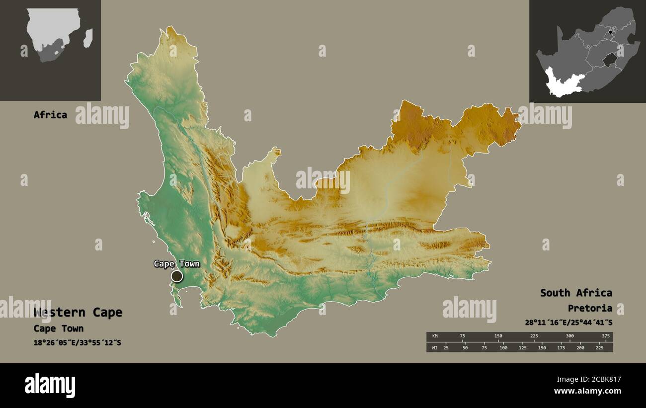 Form von Western Cape, Provinz von Südafrika, und seine Hauptstadt. Entfernungsskala, Vorschauen und Beschriftungen. Topografische Reliefkarte. 3D-Rendering Stockfoto