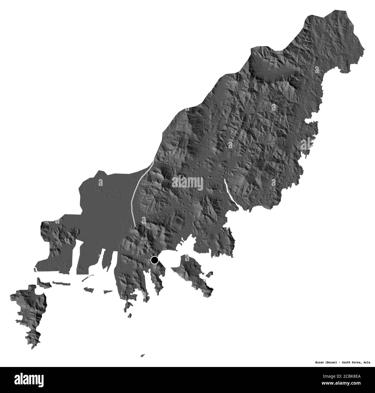 Form von Busan, Metropolstadt von Südkorea, mit seiner Hauptstadt isoliert auf weißem Hintergrund. Höhenkarte mit zwei Ebenen. 3D-Rendering Stockfoto