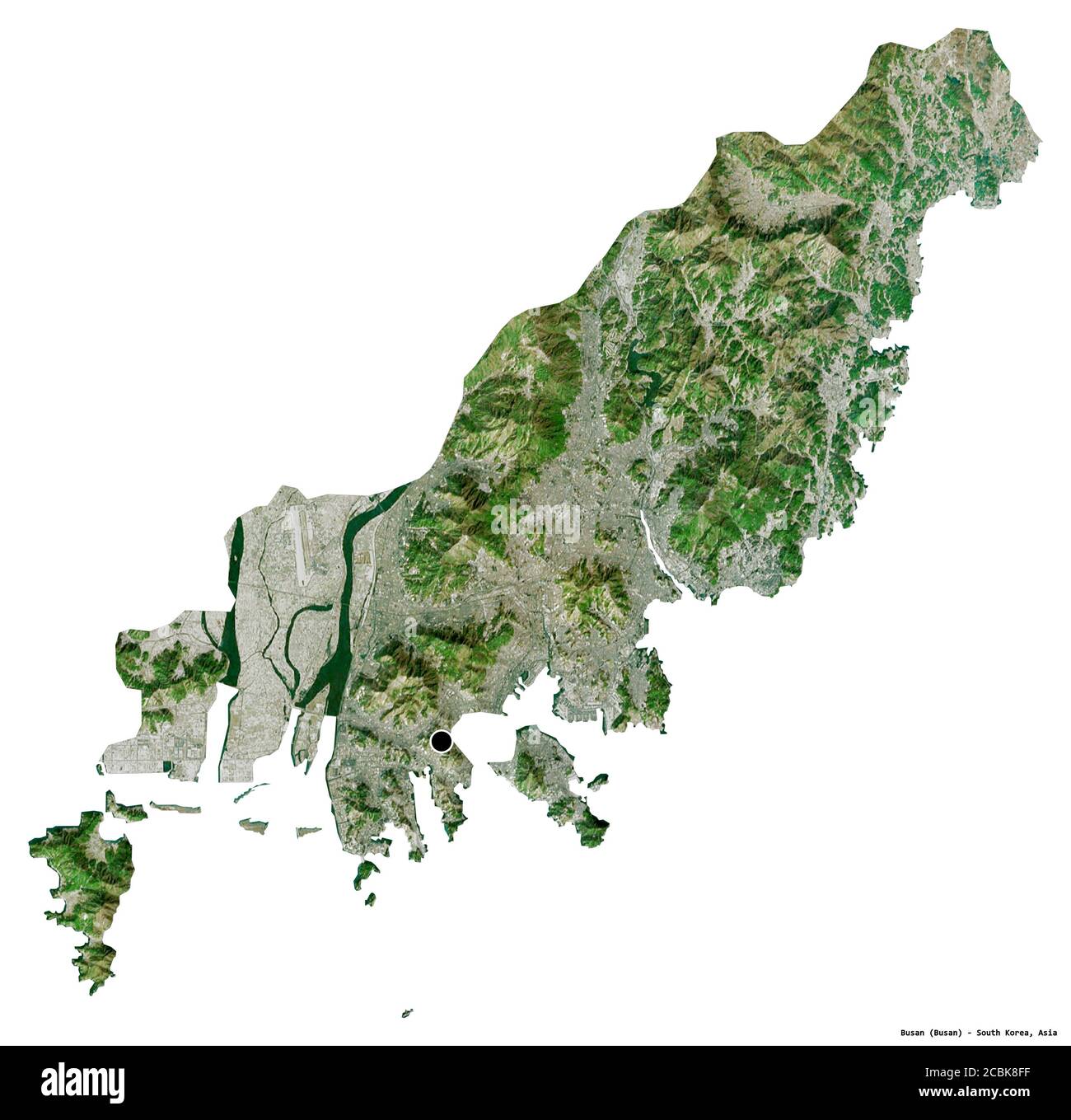 Form von Busan, Metropolstadt von Südkorea, mit seiner Hauptstadt isoliert auf weißem Hintergrund. Satellitenbilder. 3D-Rendering Stockfoto