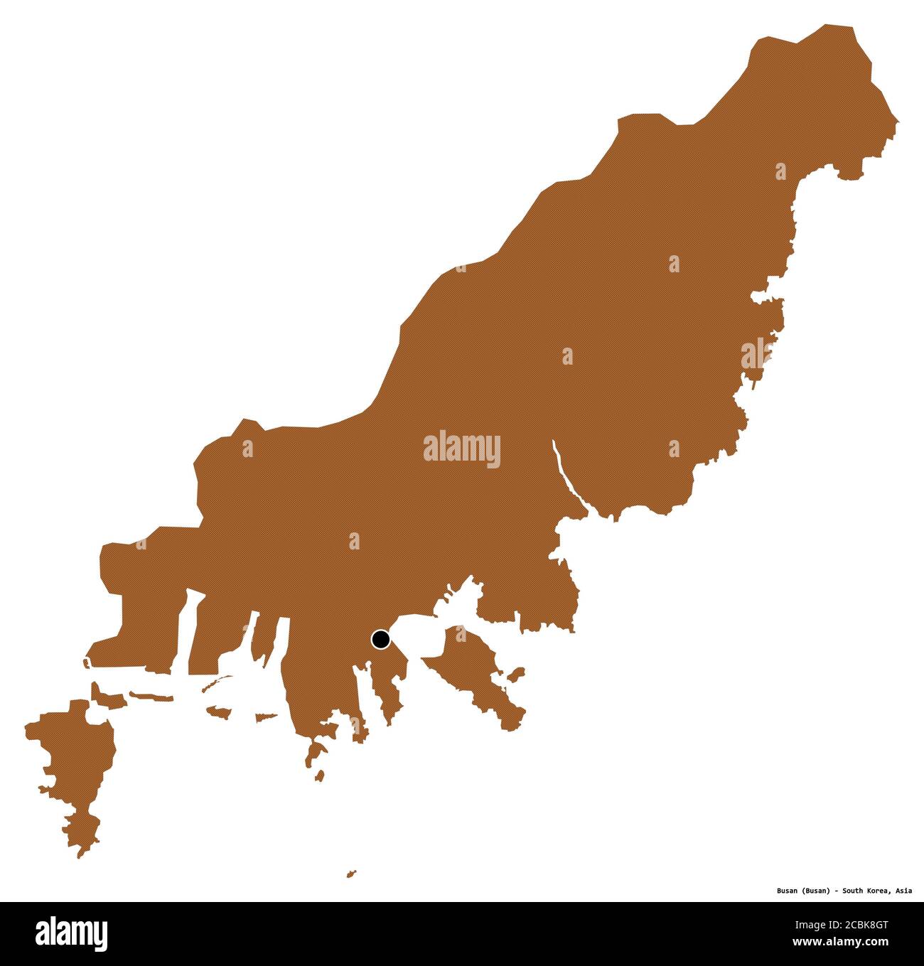 Form von Busan, Metropolstadt von Südkorea, mit seiner Hauptstadt isoliert auf weißem Hintergrund. Komposition von gemusterten Texturen. 3D-Rendering Stockfoto