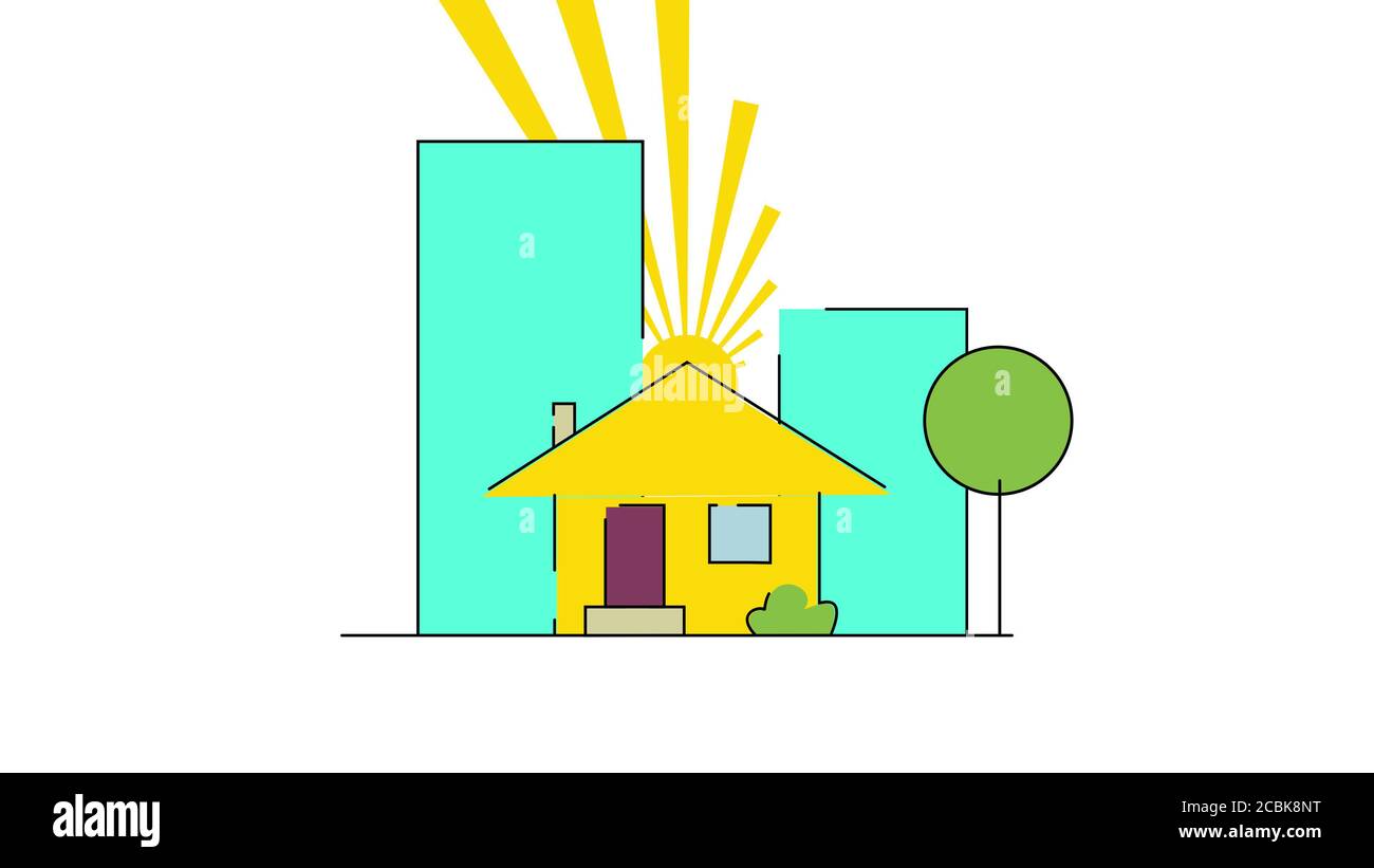 Konzept der Konstruktion Wohnung Stil Haus und Rotation Sonne, isoliert auf weißem Hintergrund. Stockfoto