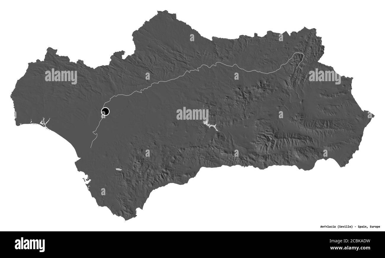 Form von Andalucía, autonome Gemeinschaft von Spanien, mit seiner Hauptstadt isoliert auf weißem Hintergrund. Höhenkarte mit zwei Ebenen. 3D-Rendering Stockfoto