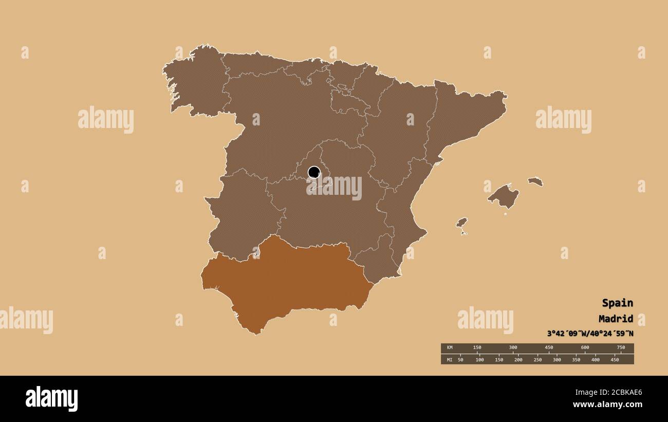 Entsättigte Form von Spanien mit seiner Hauptstadt, der wichtigsten regionalen Teilung und der getrennten Andalucía-Bereich. Beschriftungen. Komposition von gemusterten Texturen. 3D-RE Stockfoto
