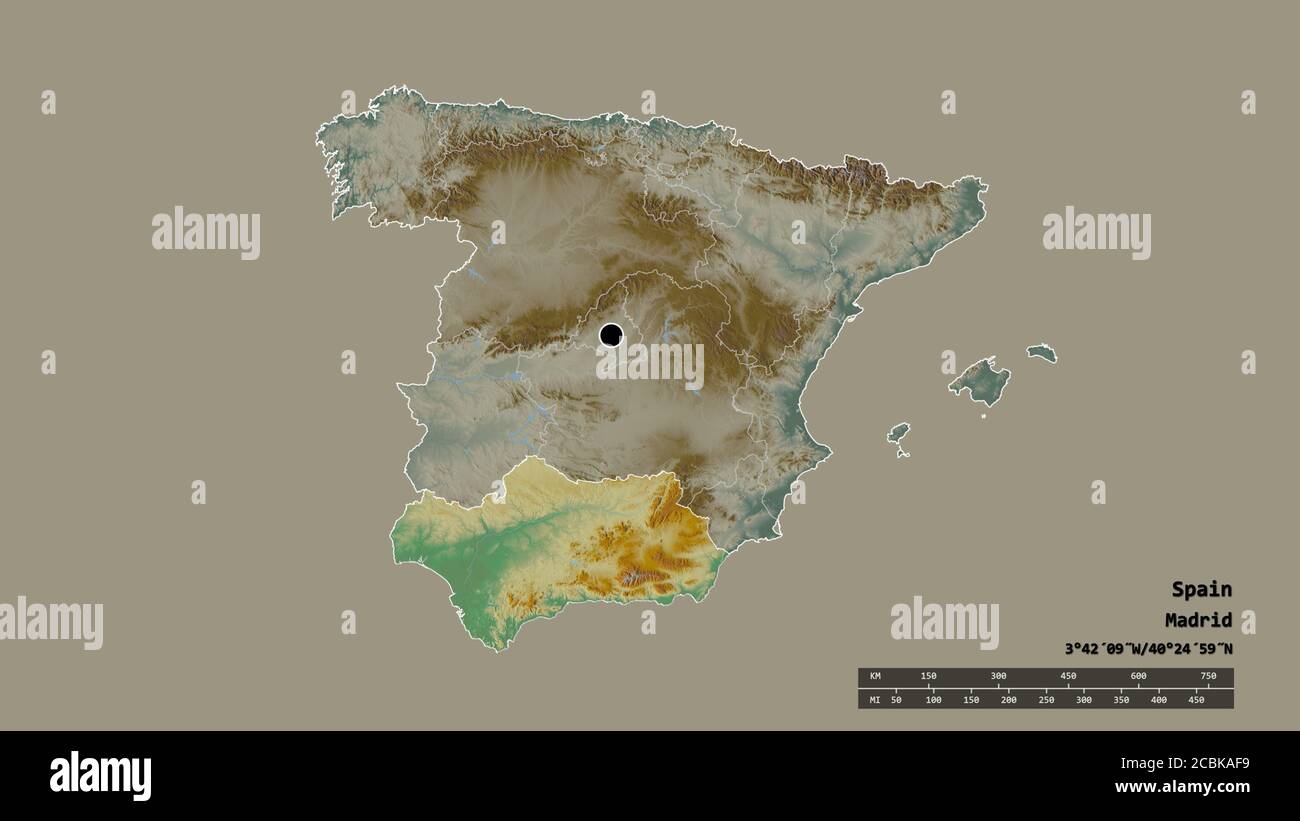 Entsättigte Form von Spanien mit seiner Hauptstadt, der wichtigsten regionalen Teilung und der getrennten Andalucía-Bereich. Beschriftungen. Topografische Reliefkarte. 3D-Rendering Stockfoto