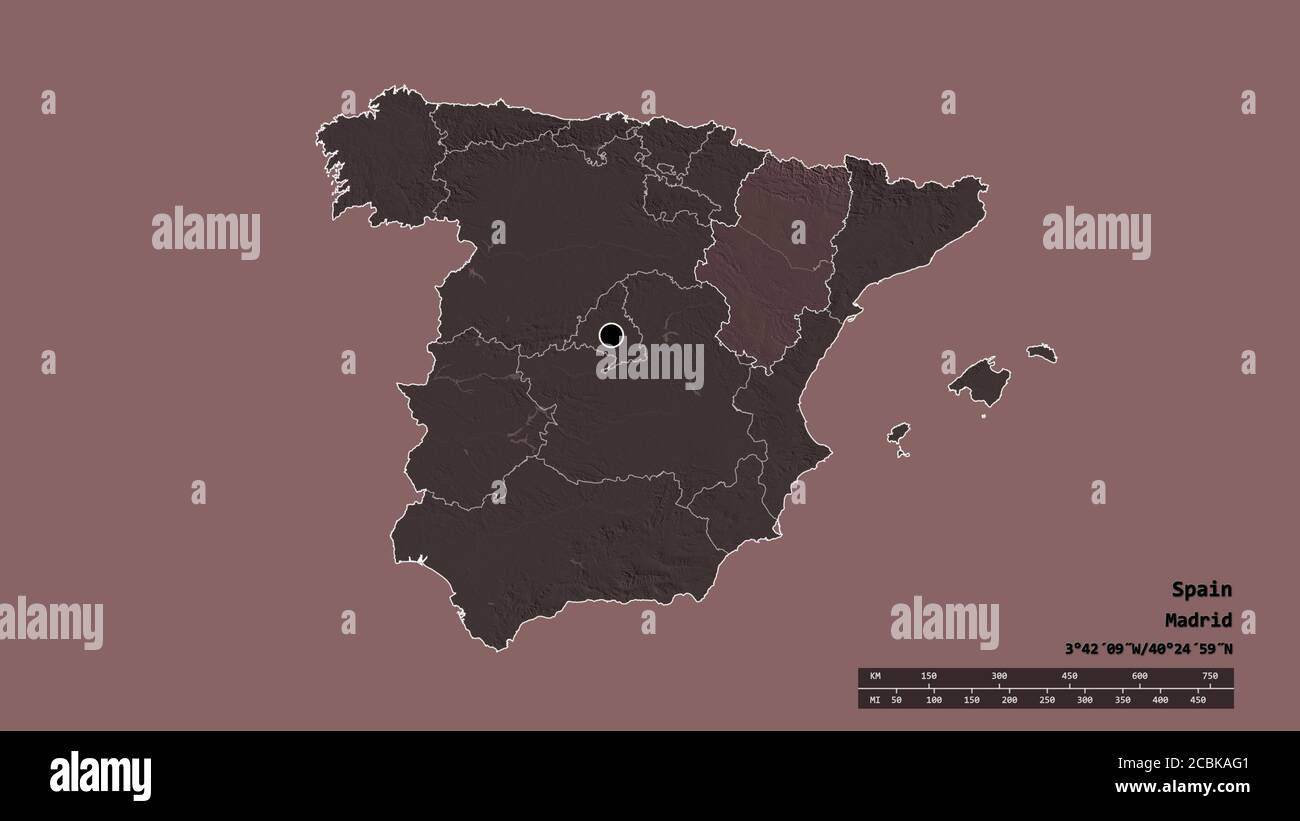 Entsättigte Form von Spanien mit seiner Hauptstadt, der wichtigsten regionalen Teilung und der getrennten Aragón-Bereich. Beschriftungen. Farbige Höhenkarte. 3D-Rendering Stockfoto