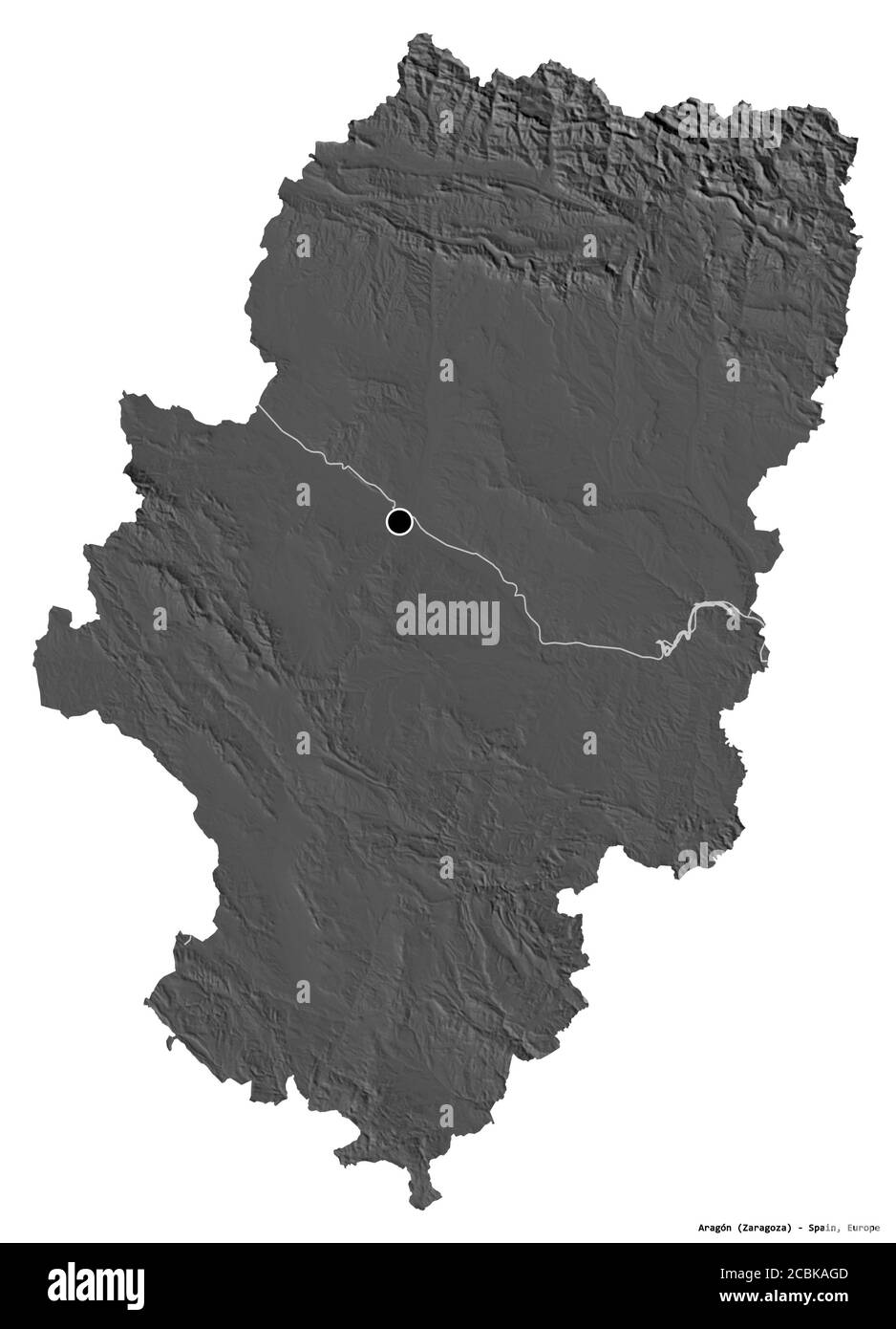 Form von Aragón, autonome Gemeinschaft von Spanien, mit seiner Hauptstadt isoliert auf weißem Hintergrund. Höhenkarte mit zwei Ebenen. 3D-Rendering Stockfoto