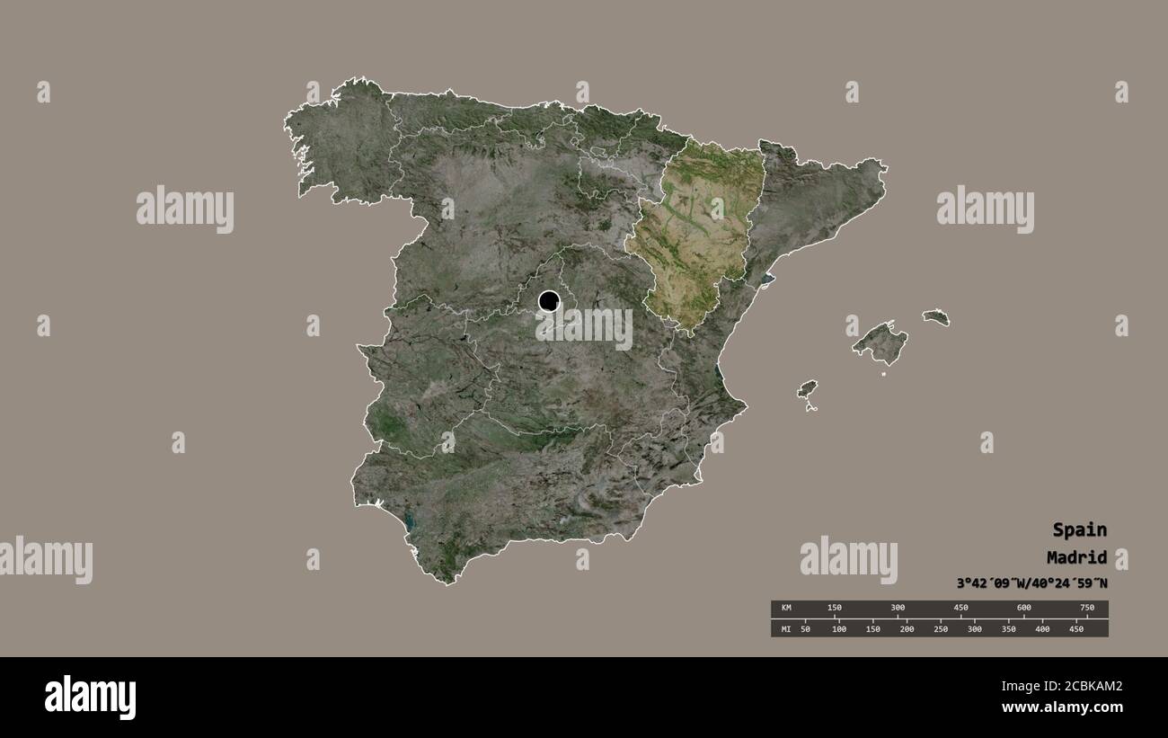 Entsättigte Form von Spanien mit seiner Hauptstadt, der wichtigsten regionalen Teilung und der getrennten Aragón-Bereich. Beschriftungen. Satellitenbilder. 3D-Rendering Stockfoto