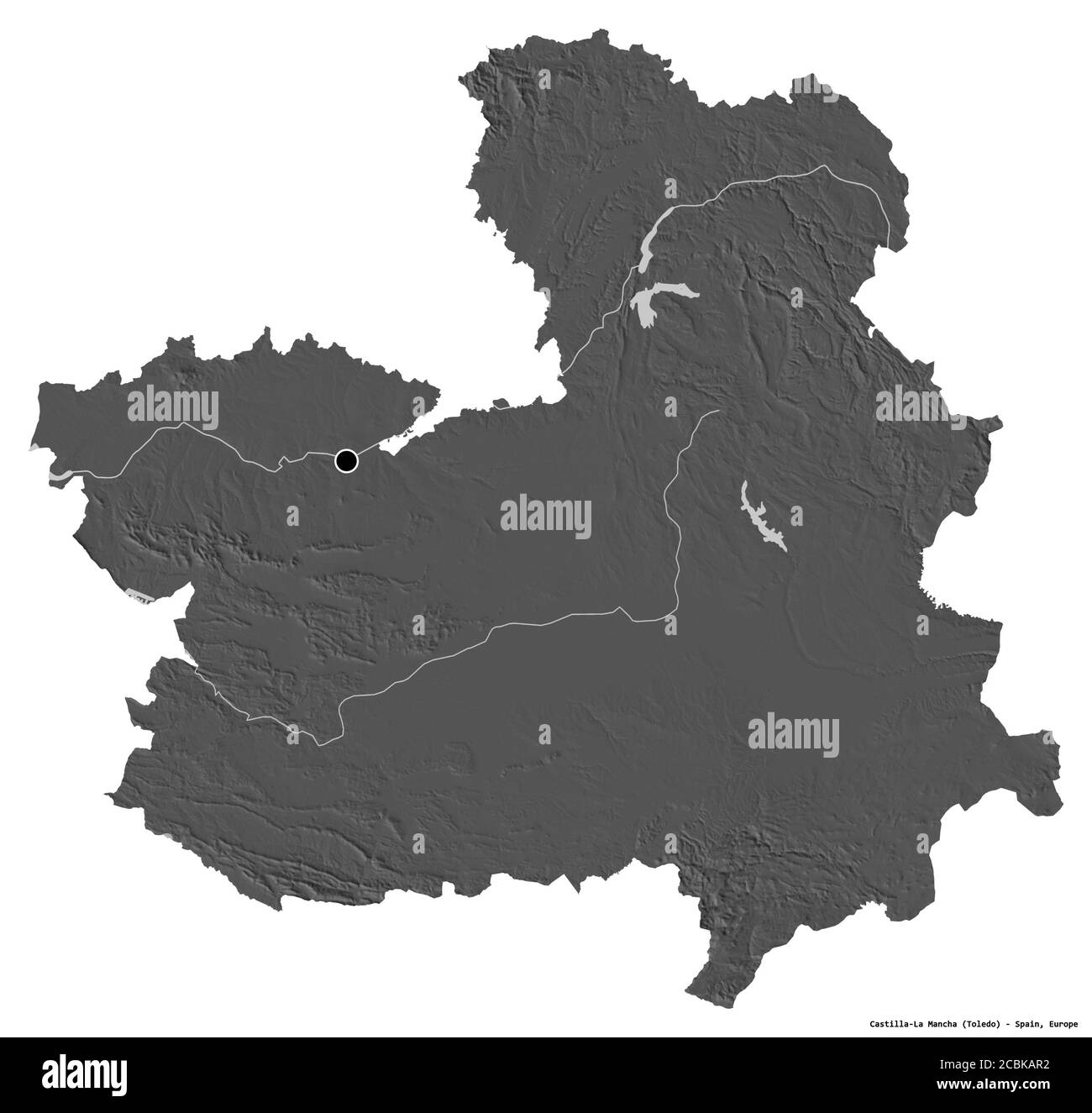 Form von Castilla-La Mancha, autonome Gemeinschaft von Spanien, mit seiner Hauptstadt isoliert auf weißem Hintergrund. Höhenkarte mit zwei Ebenen. 3D-Rendering Stockfoto