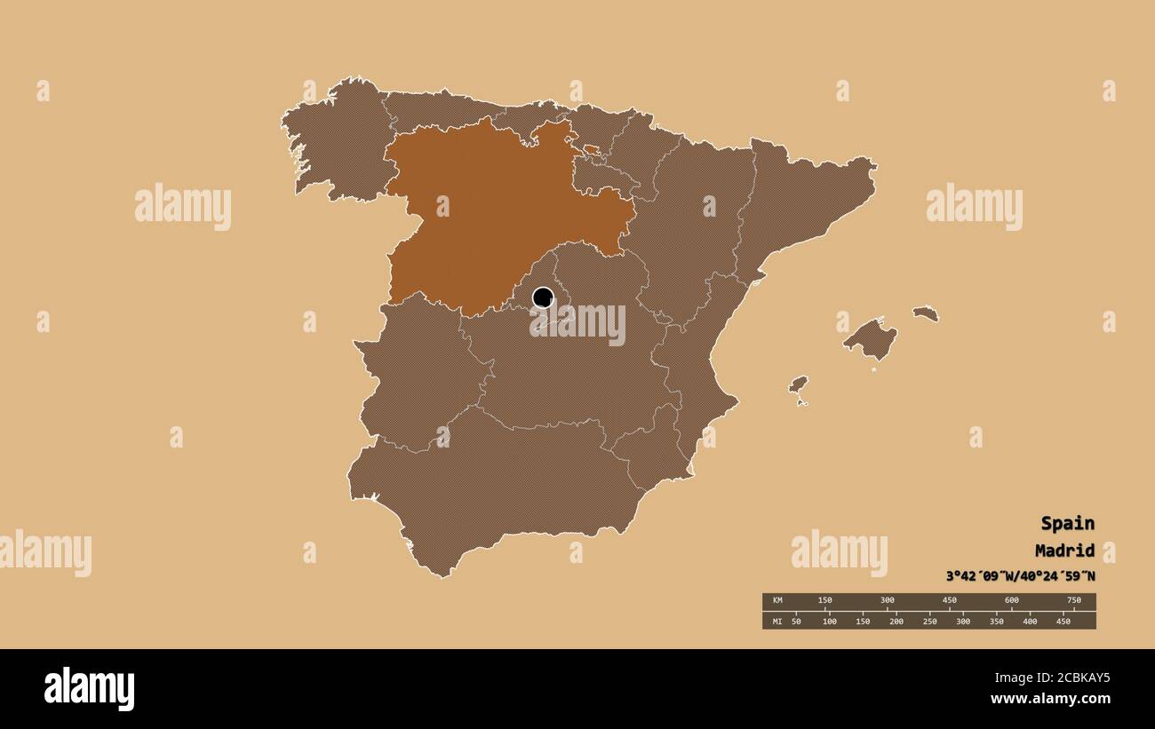 Entsättigte Form von Spanien mit seiner Hauptstadt, Hauptregionalteilung und der abgetrennten Region Castilla y León. Beschriftungen. Komposition von gemusterten Texturen. Stockfoto