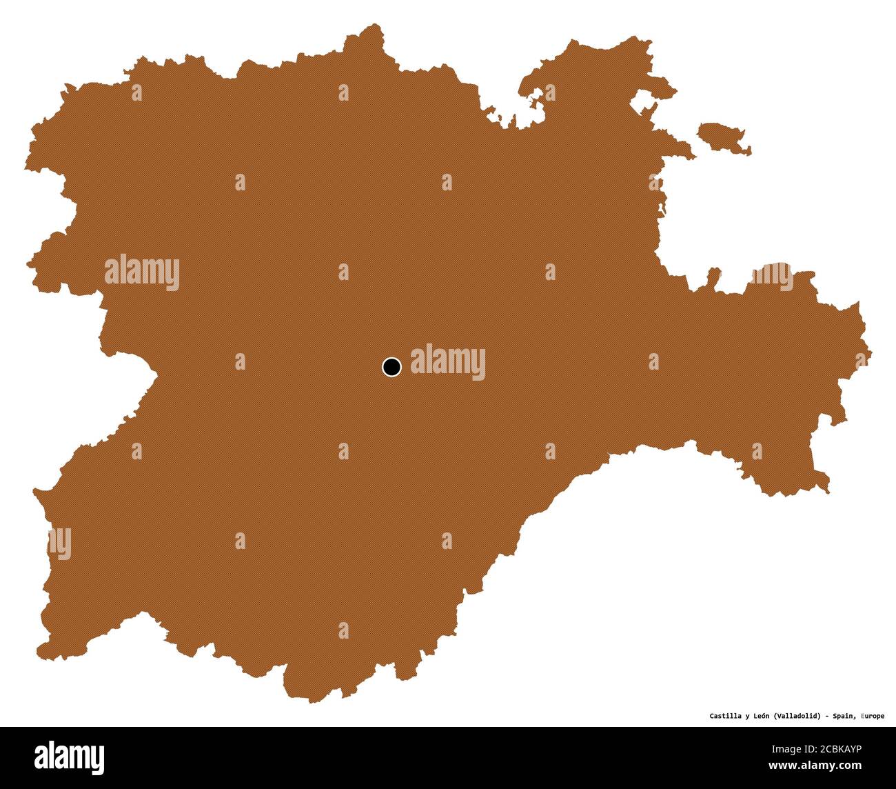 Form von Castilla y León, autonome Gemeinschaft von Spanien, mit seiner Hauptstadt isoliert auf weißem Hintergrund. Komposition von gemusterten Texturen. 3D-Renderin Stockfoto