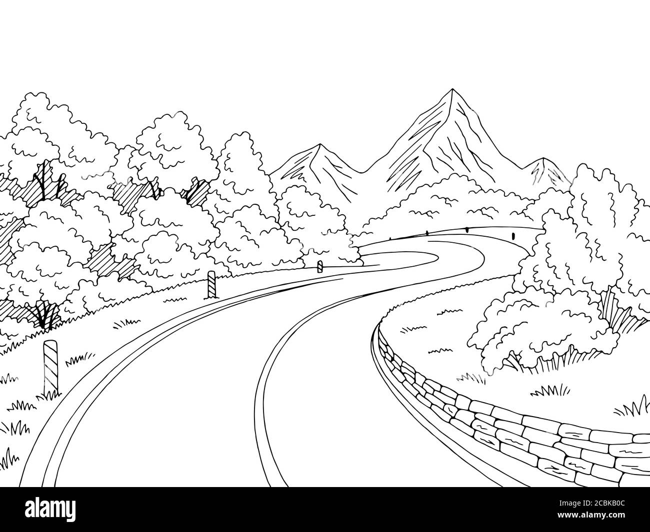 Mountain Road Grafik schwarz weiß Landschaft Skizze Illustration Vektor Stock Vektor