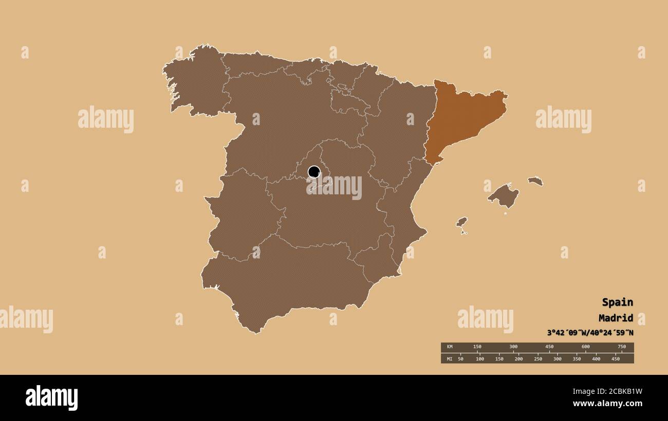 Entsättigte Form von Spanien mit seiner Hauptstadt, der wichtigsten regionalen Teilung und der getrennten Cataluña-Bereich. Beschriftungen. Komposition von gemusterten Texturen. 3D ren Stockfoto