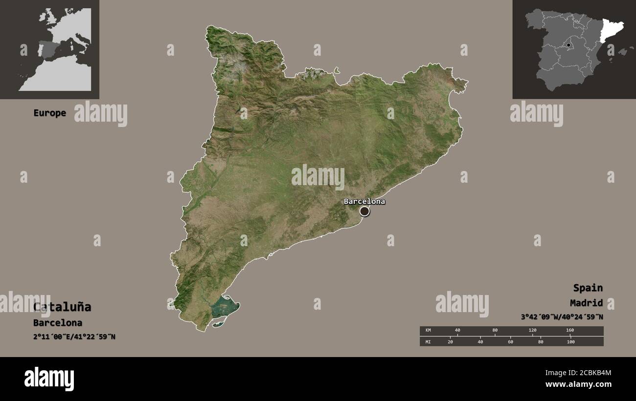 Form von Cataluña, autonome Gemeinschaft Spaniens, und seine Hauptstadt. Entfernungsskala, Vorschauen und Beschriftungen. Satellitenbilder. 3D-Rendering Stockfoto
