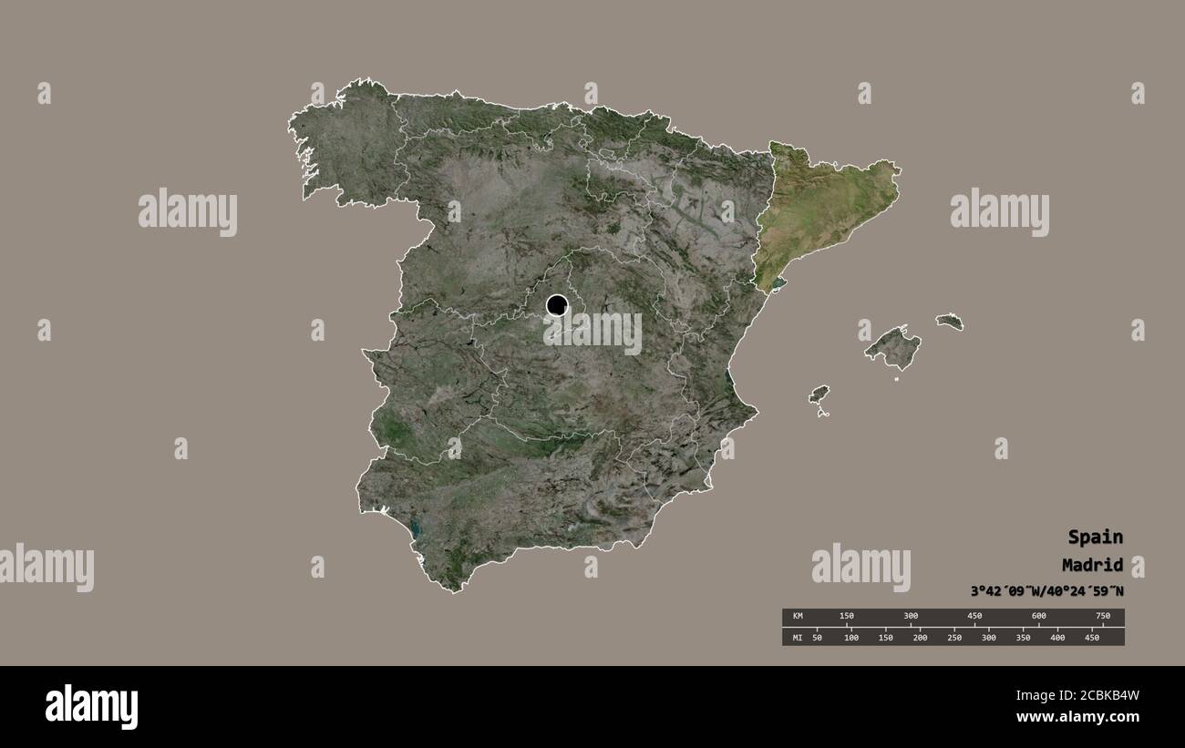 Entsättigte Form von Spanien mit seiner Hauptstadt, der wichtigsten regionalen Teilung und der getrennten Cataluña-Bereich. Beschriftungen. Satellitenbilder. 3D-Rendering Stockfoto