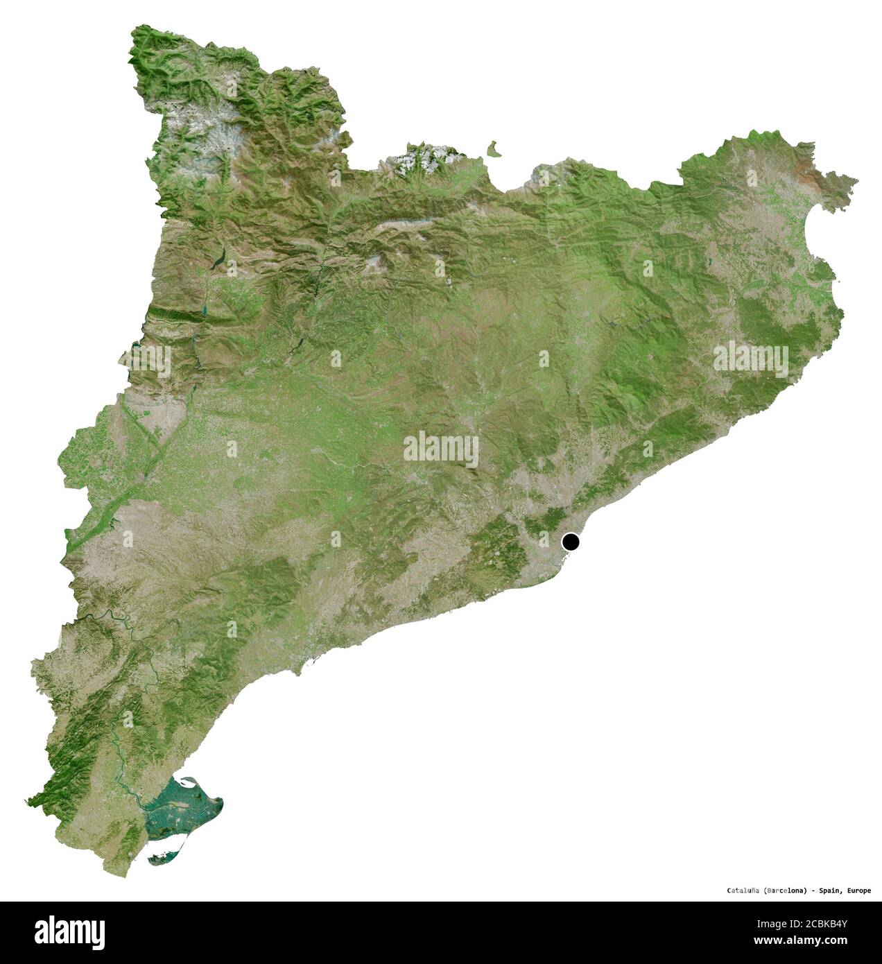 Form von Cataluña, autonome Gemeinschaft von Spanien, mit seiner Hauptstadt isoliert auf weißem Hintergrund. Satellitenbilder. 3D-Rendering Stockfoto
