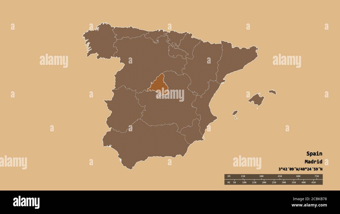 Entsättigte Form von Spanien mit seiner Hauptstadt, der wichtigsten regionalen Teilung und der getrennten Comunidad de Madrid-Bereich. Beschriftungen. Komposition aus gemustertem Textu Stockfoto