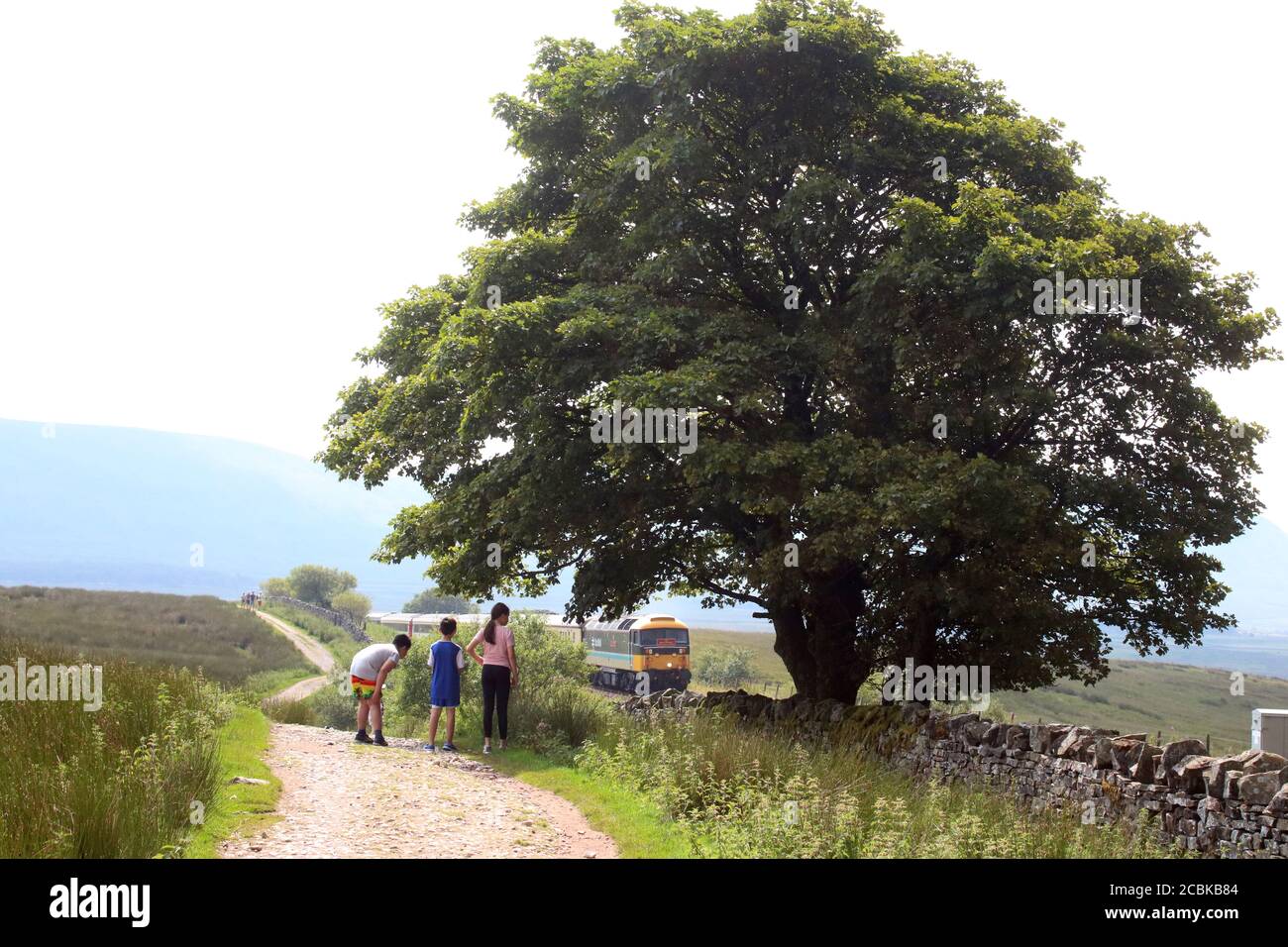 Menschen auf dem Fußweg beobachten Staycation Express Touristenzug vorbei Blea Moor, North Yorkshire, auf Settle Carlisle Bahnlinie, 12. August 2020 Stockfoto